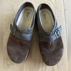 Bass dark brown genuine suede leather and cork sole clogs- Women’s size 8
